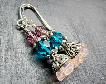 Pastel Pink, Teal and Amethyst Flower Bell Earrings • Beaded Czech Glass Crystal Jewelry • Floral Drop Dangles • Art Nouveau Gifts For Her