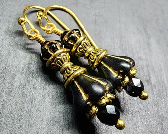 Little Fancy Gold Earrings With Black Czech Glass Flowers & Crystals • Small Beaded Floral Dangle Earrings • Art Nouveau Goth Gifts For Her