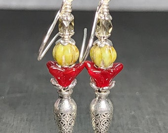 Mini Floral Arrangement Earrings • Unique Flower Bouquet Vase Jewelry • Beaded Flower Pot Drop Earrings • Gardener Lover Gifts • Art Nouveau
