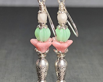 Floral Wedding Arrangement Earrings • Pink Trumpet Flower Bali Style Vase Jewelry • Czech Glass Bead Drop Earrings • Boho Art Deco Gifts Mom