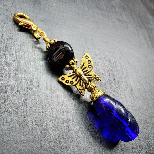 Elegant Gold Butterfly Zipper Pull Purse Charm in Cobalt Blue & Jet Black • Fancy Key Fob • Czech Glass Keychain • Avant Garde Gifts For Her
