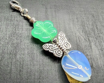 Hawaiian Hibiscus Flower & Whimsical Butterfly Zipper Pull • Beaded Handbag Charm • Silver, Seafoam, Milky White Czech Glass Beads • Gifts