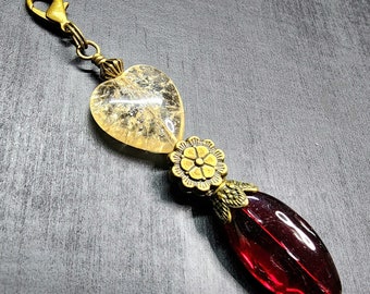 Zipper Pull Charm With Antiqued Brass Flower, Topaz Crackle Heart & Garnet Red Czech Glass Beads • Love Gift Fob • Beaded Floral Keychain