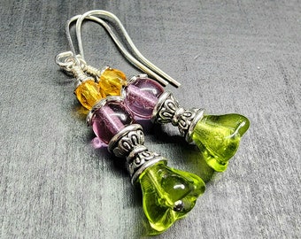 Czech Glass Bellflower Earrings in Peridot, Amethyst & Topaz • Dangly Beaded Floral Earrings • Art Nouveau Flower Jewelry • Woodland Dangles