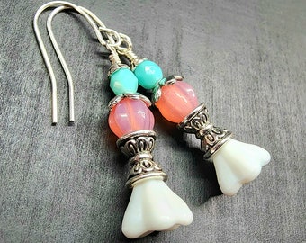 White, Pink & Turquoise Flower Bell Earrings • Beaded Czech Glass Tulip Jewelry • Drop Floral Earrings • Dangly Art Nouveau Gifts For Her
