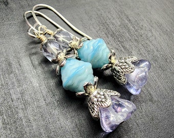 Stormy Blue Ocean Mist Bellflower Earrings • Beaded Flowerbell Jewelry • Dangly Little Floral Drop Earrings • Boho Art Nouveau Gifts For Her