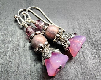 Spring Bell Flower Dangle Earrings in Milky Pink, Dusty Mauve & Purple Amethyst • Beaded Crystal Floral Jewelry • Art Nouveau Gifts For Her