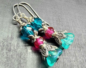 Teal and Fuscia Flower Cup Earrings With Czech Glass Beads & Crystals • Floral Tulip Drop Earrings • Dangly Art Nouveau Gifts For Her • Boho