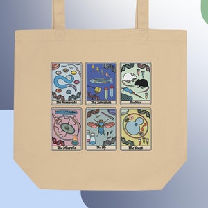 Puede incluir: Una bolsa de tela beige con una ilustración colorida de seis organismos modelo utilizados en la investigación científica. La ilustración presenta un nematodo, un pez cebra, un ratón, un microbio, una mosca y una levadura, cada uno con una representación de estilo de dibujos animados de su uso científico. El texto "The Nematode", "The Zebrafish", "The Mice", "The Microbe", "The Fly", y "The Yeast" está impreso debajo de cada organismo.