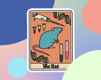May include: A tarot card with an orange background and a blue rat in the center. The card is titled "The Rat" and features a DNA strand, a syringe, and test tubes.
