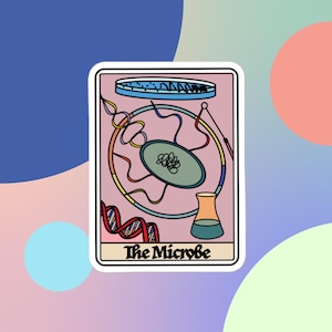 May include: A pink and white card with a colorful illustration of a microbe, a petri dish, a beaker, and DNA. The card says "The Microbe" at the bottom.