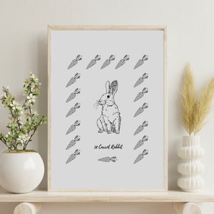 Rabbit Art Print, Bunny Wall Art, Rabbit Illustration, Home Decor, Modern, Rabbit Poster, Unframed Digital Download, Grey, Black, Cute