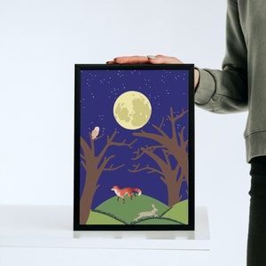 Woodland Print, Animal Art Print, Unframed Digital Art, Fox, Hare, Owl, Wall Art, Animals Poster, Night Time Woods Illustration.