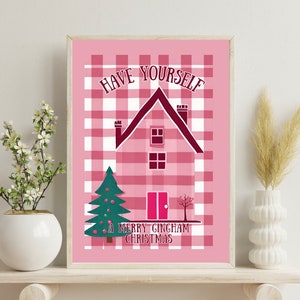 Gingham Christmas Print, Fur Tree, House, Digital Pink Wall Art, Home Decor, Xmas Gingham Decoration, Christmas Quote A4.