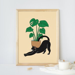 Cat Print, Unframed Digital Print, Feline Wall Art, Furry Animal Poster, Puss Cat Illustration, Plant Print, Cat Home Decor.
