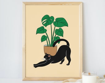 Cat and Plant Art Print: Feline Illustration (Digital Download 12x18 inch )