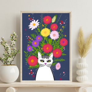 Cat and Flowers Art Print: Colorful Floral Illustration (Digital Download, 12x18 Inches)