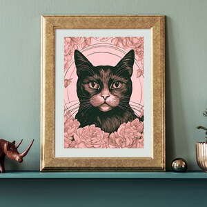 Cat Art Print Feline Pink Wall Poster Illustration Digital Download.