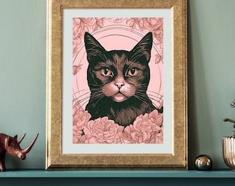 Cat Art Print Feline Pink Wall Poster Illustration Digital Download.
