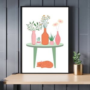 Cat Art Print, Feline Poster, Unframed Digital Print, Cat And Flowers Art, Home Decor Furry Friend, Living Room Art.