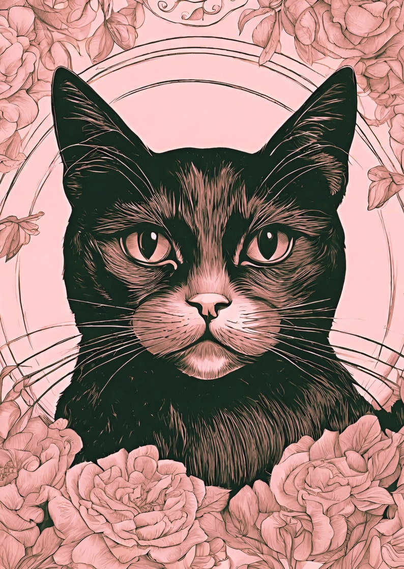 Cat Art Print Feline Pink Wall Poster Illustration Digital Download. - Etsy