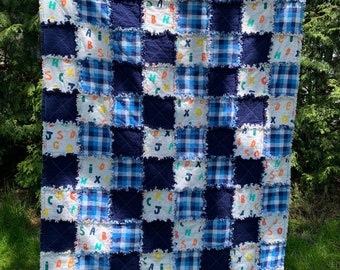 Navy, gingham and gray abc’s flannel rag quilt, boys rag quilt, boys bedding, toddler bedding, baby blanket, blue rag quilt, abc bedding