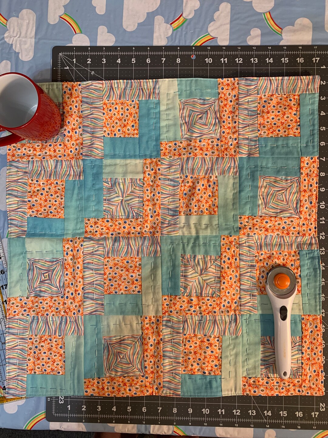 Mini Log Cabin Style Quilted Table Topper, Big Stitch Hand Sewn Table ...