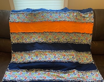 Blue/Gray/Orange with cats Flannel Rag Quilt, Toddler rag quilt, boys rag quilt, sabertooth tiger cats, Lap quilt, gender neutral rag quilt