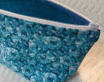 Teal and White Floral with Silver glitter Zipper Pouch