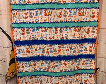 Little Indian Foxes Rag Quilt, Boys Rag Quilt, Flannel Blanket, Foxes on Flannel, Striped Rag Quilt