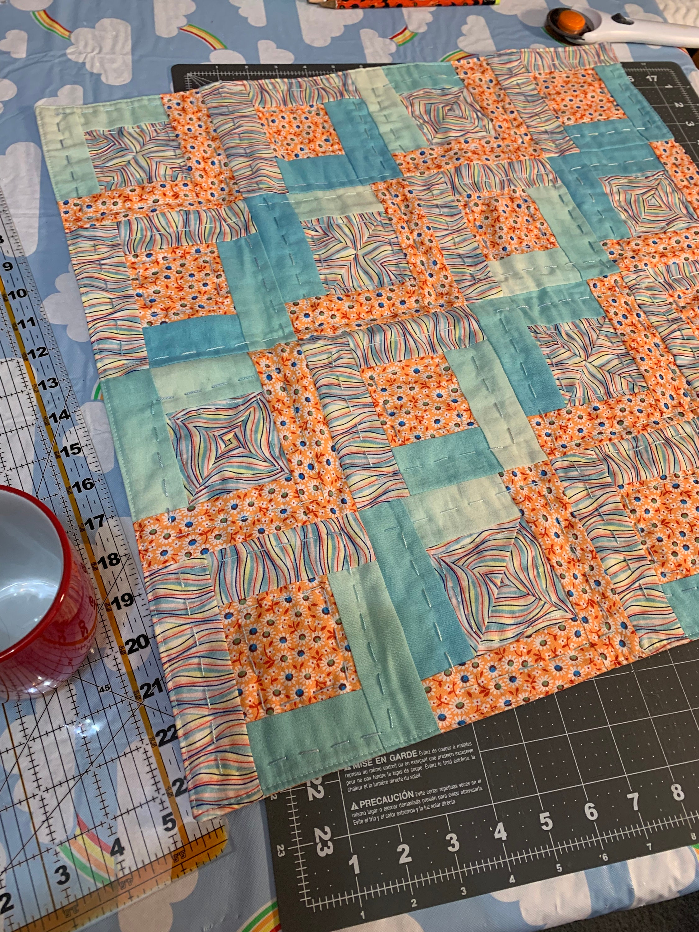 Mini Log Cabin Style Quilted Table Topper, Big Stitch Hand Sewn Table ...