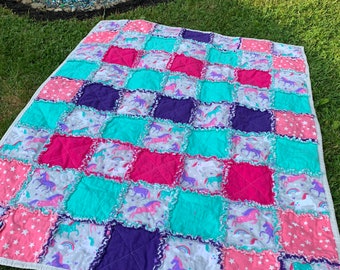 Unicorn, Purple, pink, aqua and gray unicorns and rainbows rag quilt, girls rag quilt, toddler rag quilt, baby rag quilt, blanket, unicorns