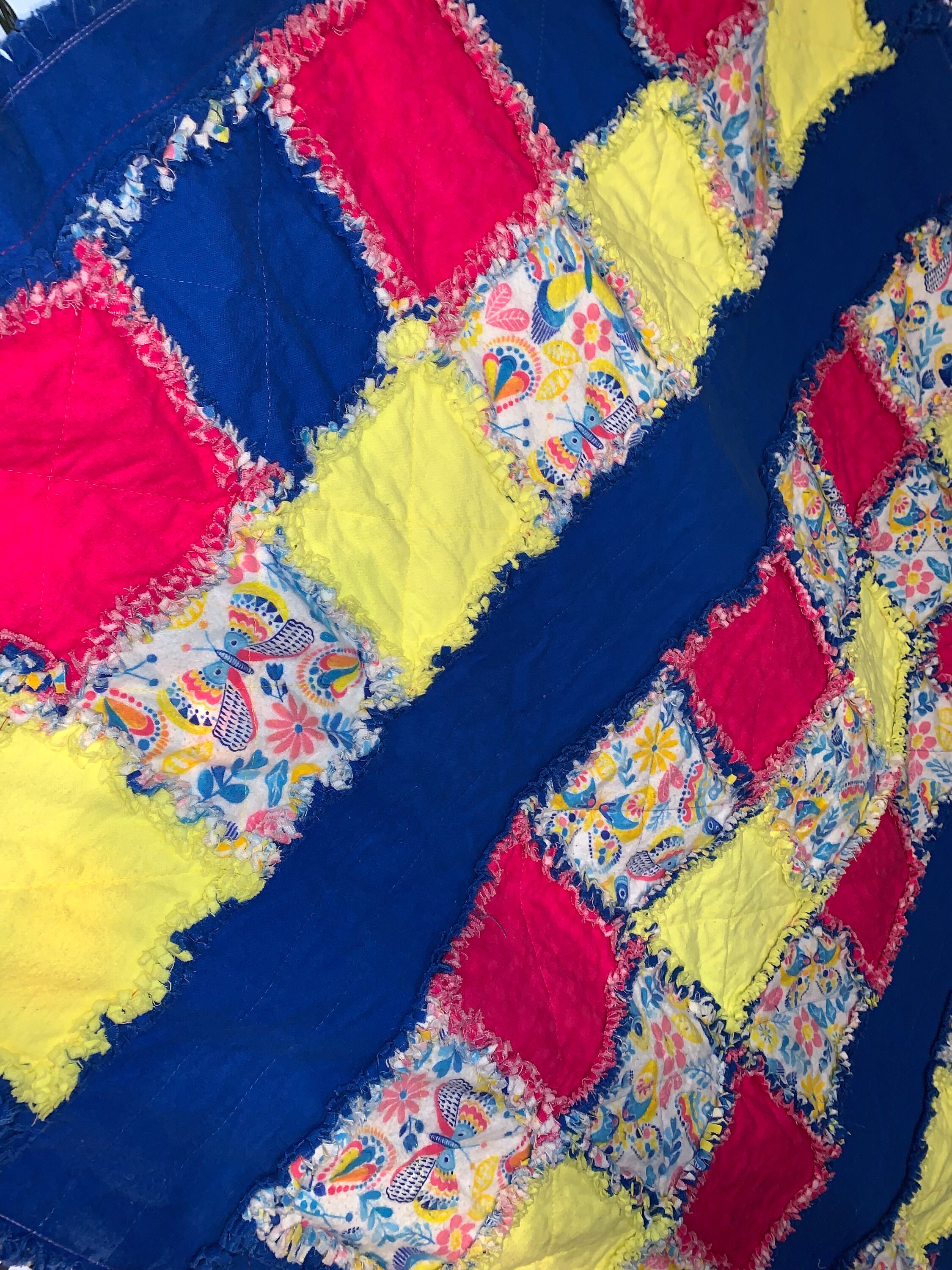 Floral and Butterfly Rag Quilt, Blue Yellow and Pink, Bright and Fun ...