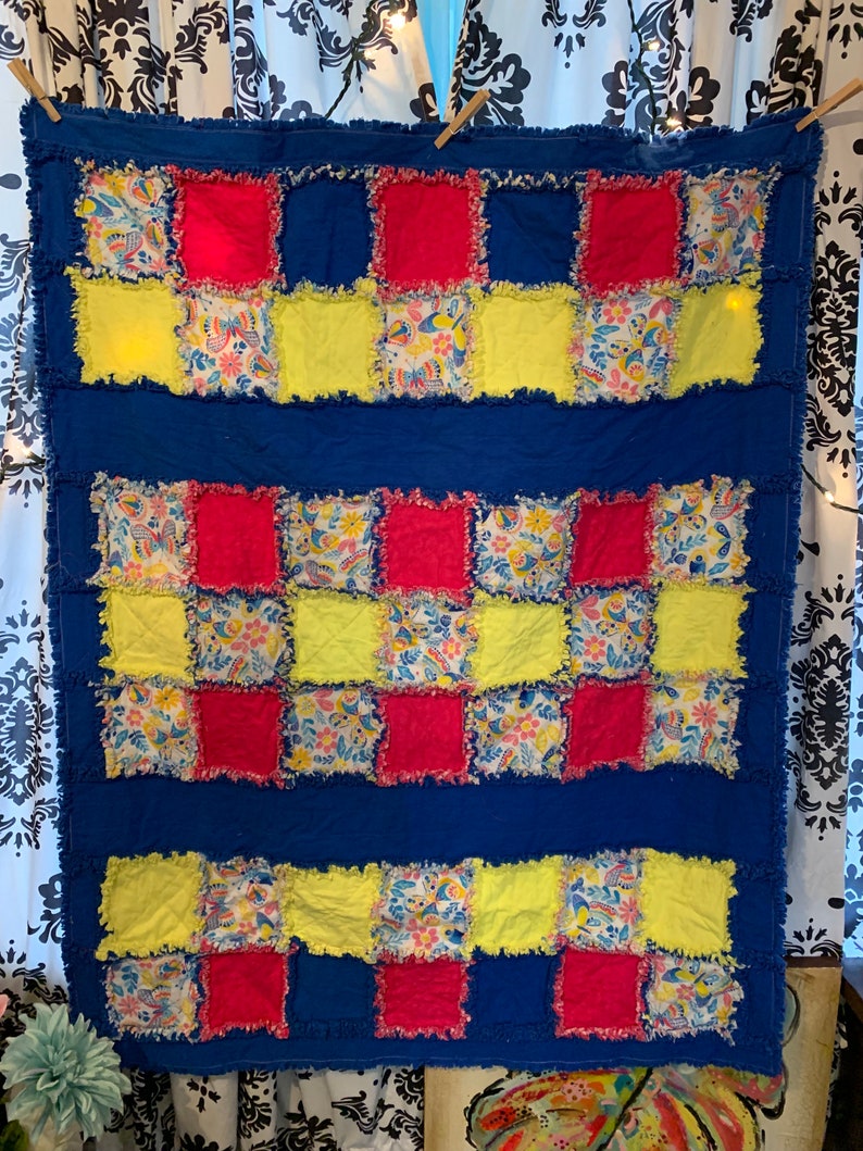 Floral and Butterfly Rag Quilt, Blue Yellow and Pink, Bright and Fun ...