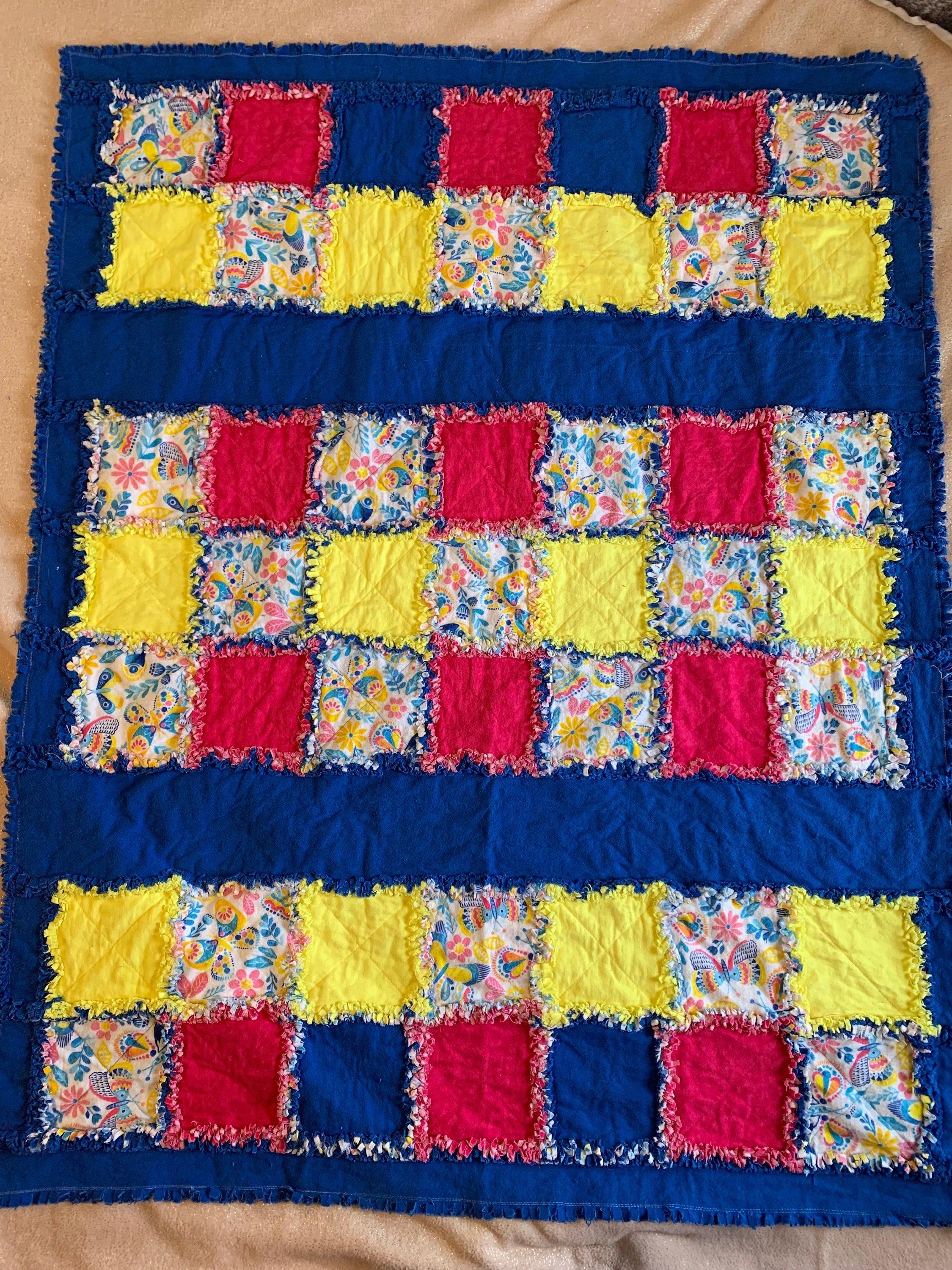 Floral and Butterfly Rag Quilt, Blue Yellow and Pink, Bright and Fun ...