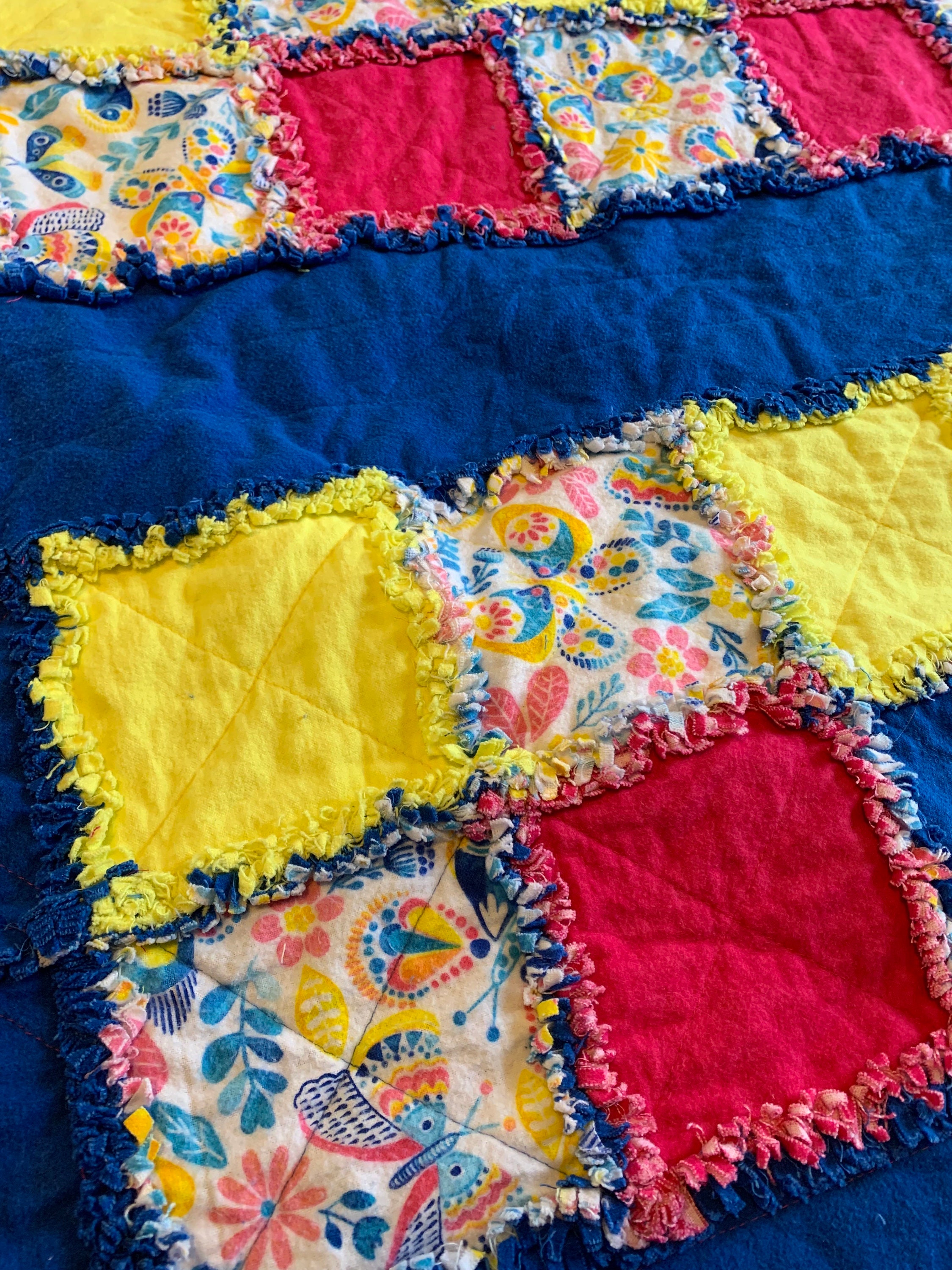Floral and Butterfly Rag Quilt, Blue Yellow and Pink, Bright and Fun ...