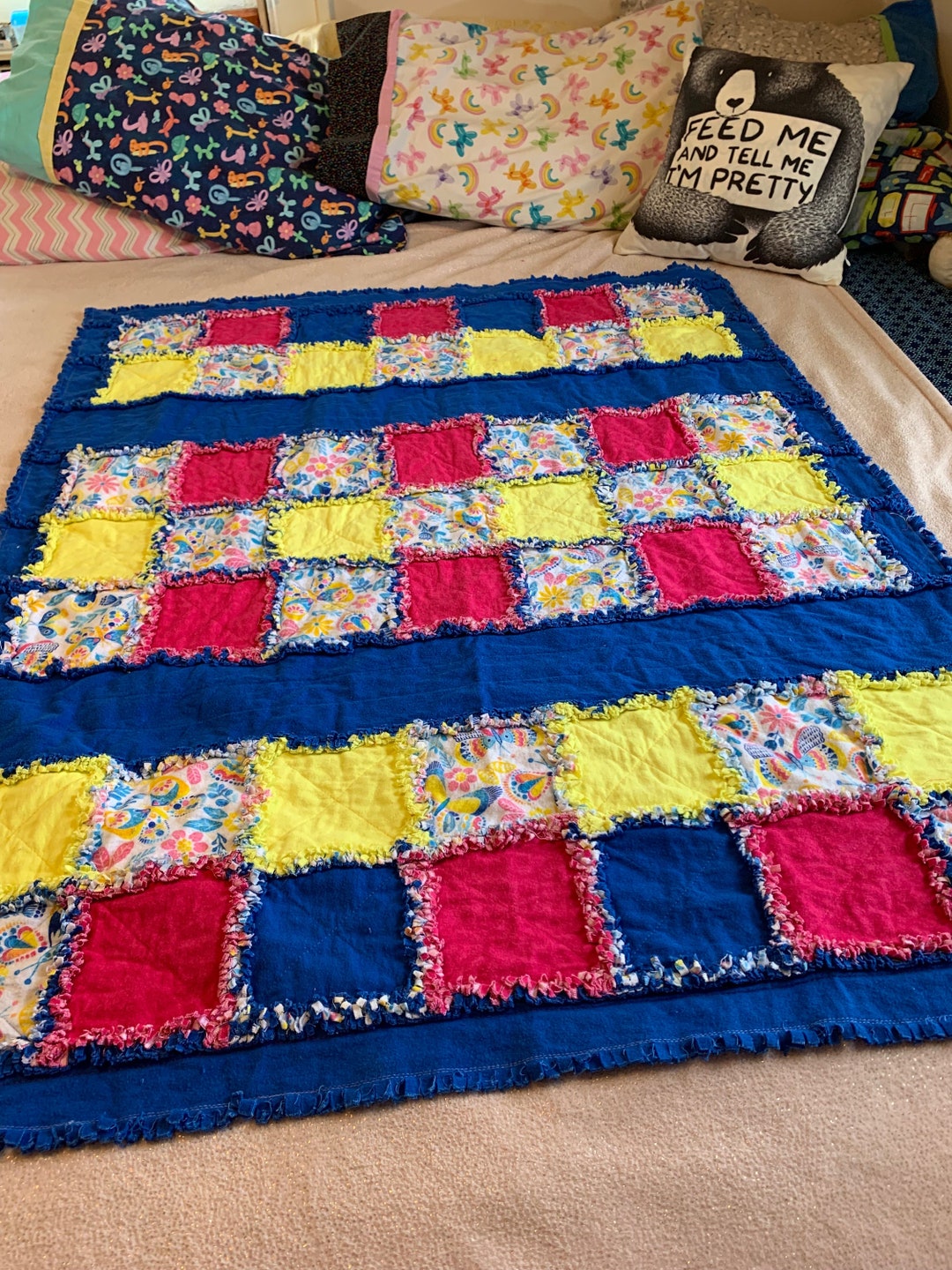 Floral and Butterfly Rag Quilt, Blue Yellow and Pink, Bright and Fun ...
