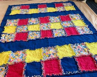 Floral and butterfly rag quilt, blue yellow and pink, bright and fun rag quilt