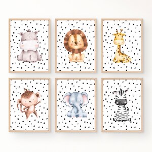 Set of 6 Polka Dot Safari Animal Prints, Safari Nursery Decor, Baby Animal Nursery Wall Art, Nursery Print, Printable Playroom Gallery Wall