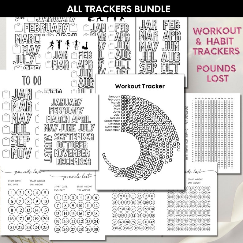 2024 Bundle 12 Workout Trackers Printable Daily Exercise Track Monthly Weight Loss Journal Habit Fitness Planner Weight Loss Color Calendar