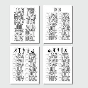 May include: Four black and white printable checklists for tracking fitness goals throughout the year. Each checklist features a row of icons representing different types of exercise, followed by a list of months from January to December with checkboxes next to each month.