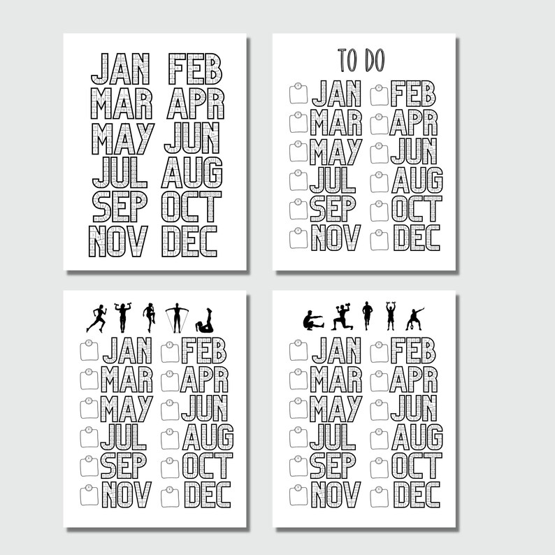 May include: Four black and white printable checklists for tracking fitness goals throughout the year. Each checklist features a row of icons representing different types of exercise, followed by a list of months from January to December with checkboxes next to each month.