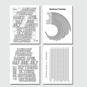 May include: A printable worksheet with four sections for tracking workouts. The top left section has a list of months with checkboxes next to each month. The top right section has a circular chart with checkboxes for each day of the year. The bottom left section has a list of months with the month names in a bold, blocky font. The bottom right section has a calendar grid with checkboxes for each day of the year. The text "2023 TRACKER" is on the right side of the calendar grid.