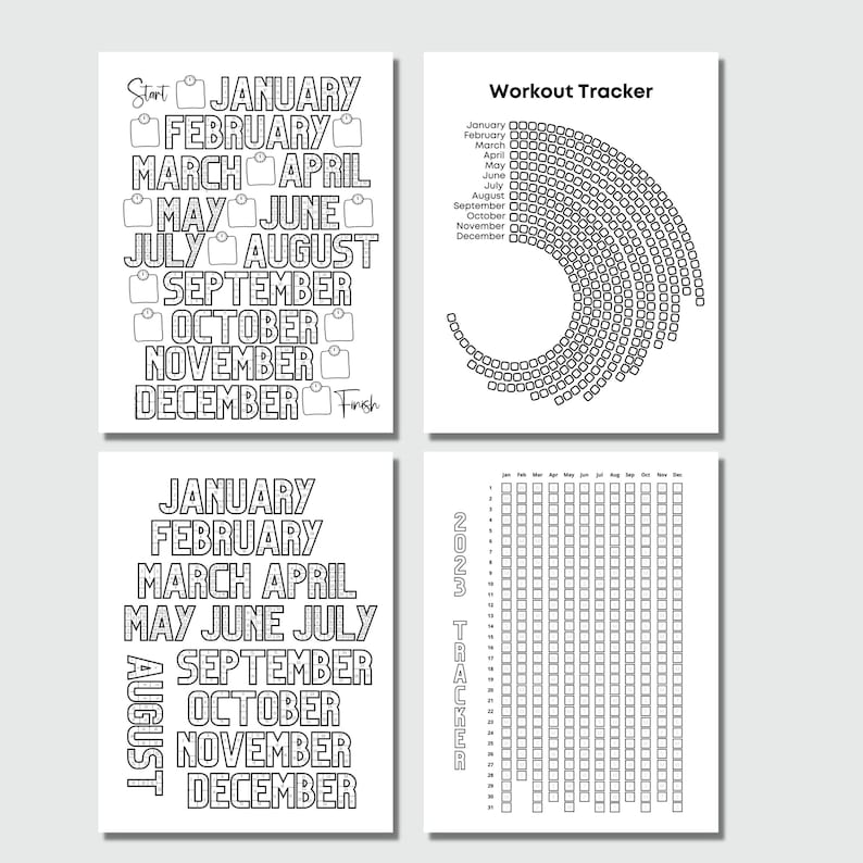 May include: A printable worksheet with four sections for tracking workouts. The top left section has a list of months with checkboxes next to each month. The top right section has a circular chart with checkboxes for each day of the year. The bottom left section has a list of months with the month names in a bold, blocky font. The bottom right section has a calendar grid with checkboxes for each day of the year. The text "2023 TRACKER" is on the right side of the calendar grid.