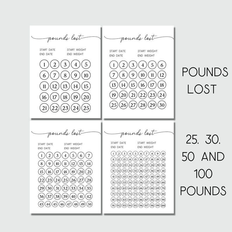 May include: Four black and white printable weight loss trackers with circles to mark off pounds lost. The trackers are for 5, 10, 25, 30, 50, and 100 pounds lost.