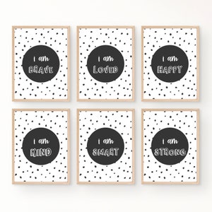 Arte murale per sala giochi in bianco e nero, affermazioni positive quotidiane, set di poster stampabili per bambini, galleria murale motivazionale, scuola domestica, classe