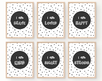 Black & White Playroom Wall Art Daily Positive Affirmations Set of Printable Posters for Kids Gallery Wall Motivational Homeschool Classroom