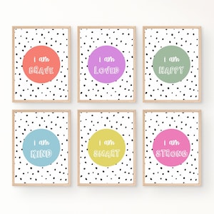 Arte murale per sala giochi, affermazioni positive quotidiane, set di poster stampabili per bambini, parete della galleria, motivazionale, sala giochi per la scuola domestica