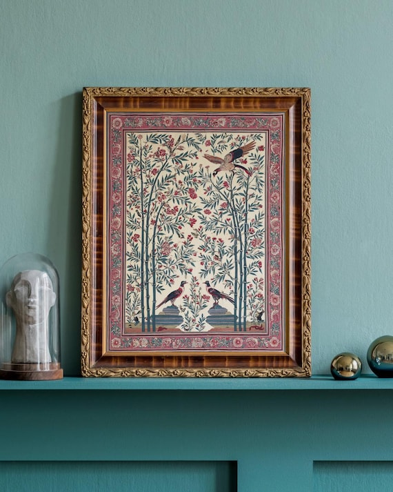Pheasant and Bamboo Botanical Tapestry Art Print | Antique Bird & Floral Textile Illustration | Light Academia Wall Decor | Digital Download