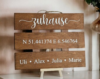 Holzschild mit Koordinaten, personalisiertes Wandbild, Wohndeko